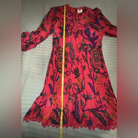FARM Rio Sunset Tapestry Blush Mini in Red Smocked Cotton Dress size Large EUC - Picture 6 of 12